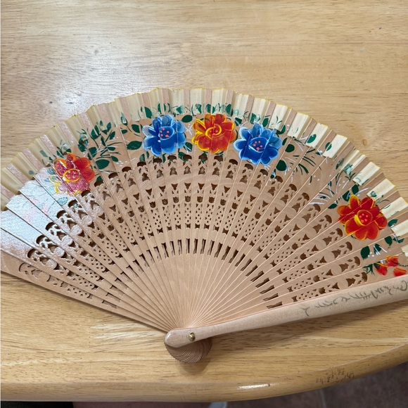 Handcrafted Wooden Fan with Floral Accents - Picture 1 of 4